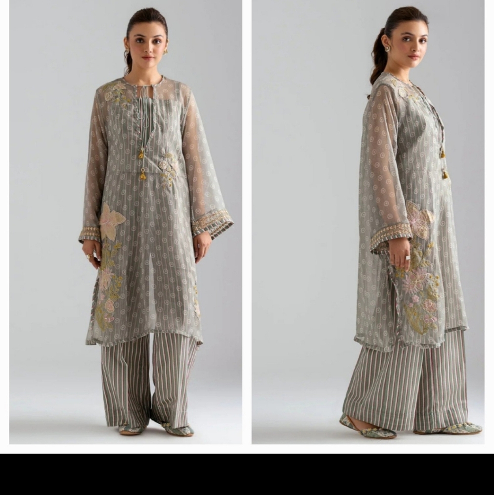 ETHNC Womens Dress  Kurta Tunic Longline With Pant Sage Green Embroidere…